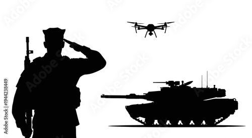 Soldier Saluting Drone and Tank Silhouette Military Technology and Warfare Concept