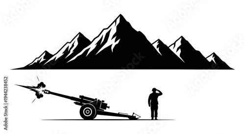 Soldier Saluting Artillery Cannon Firing Before Majestic Mountains Silhouette