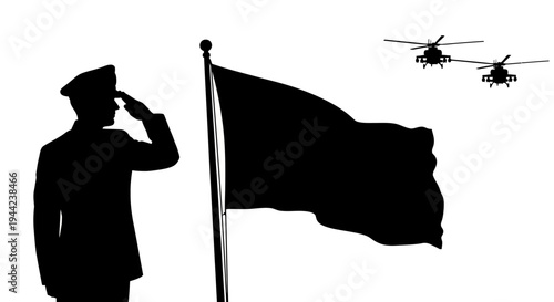 Soldier Saluting Flag with Helicopters Flying in Sky Silhouette