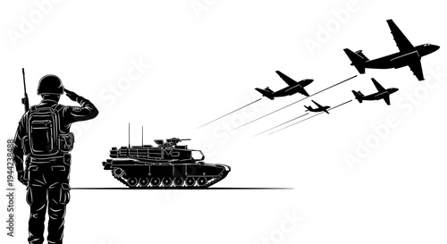 Soldier Saluting Military Parade with Tank and Airplanes