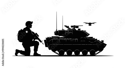 Soldier, Armored Vehicle, and Drone Silhouette: Modern Warfare Technology