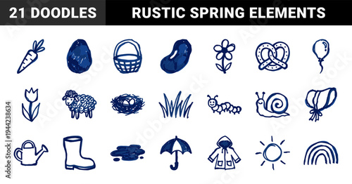 Hand-drawn spring and easter garden elements for rustic brand identity. Naive blue marker sketch illustrations featuring seasonal nature concepts.