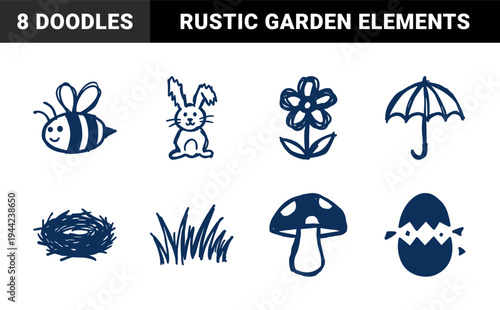 Hand-drawn spring and easter doodles in a rustic navy blue marker sketch style featuring rabbit, bee, flower, and garden elements for seasonal branding.