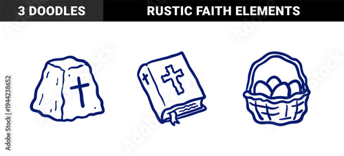 Hand-drawn Christian Easter and religious elements for organic brand identity. Rustic, naive marker sketch of bible, cross, and egg basket.