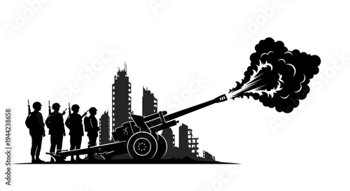Soldiers Firing Cannon in Destroyed City Silhouette