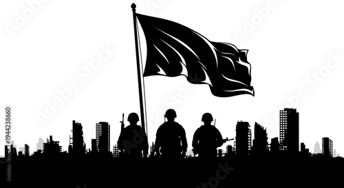 Soldiers Standing Guard in Cityscape with Waving Flag Silhouette