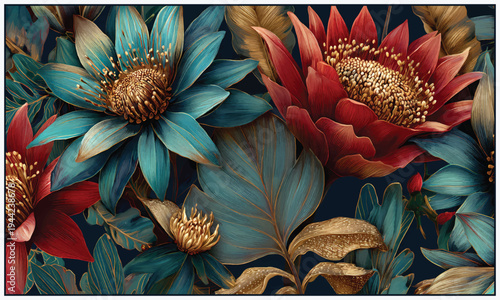 Stylish tropical botanical wallpaper featuring lush leaves and elegant blooming flowers in a modern decorative composition. Ideal for wallpaper design, home interior decoration, digital backgrounds, w