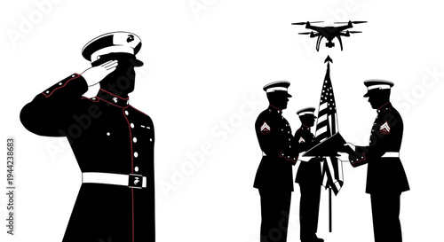 US Marines Salute American Flag with Drone Overhead, Military Technology Concept