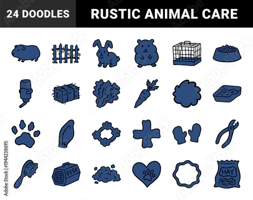 Hand-drawn small pet care and rabbit supplies in a rustic doodle style. Naive marker sketch illustrations featuring guinea pig, hamster, and bunny accessories.