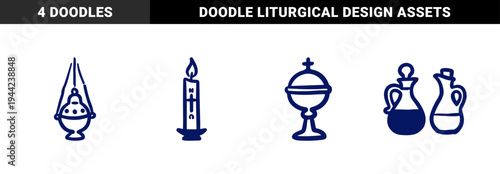 Hand-drawn Christian liturgical symbols in a rustic marker sketch style. Naive doodle illustrations of a paschal candle, censer, chrism oil, and ciborium for religious branding.