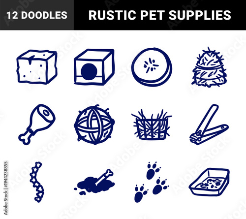 Domestic pet care and veterinary medicine elements in a crude marker sketch style. Naive hand-drawn animal welfare and kitten supplies for organic branding.