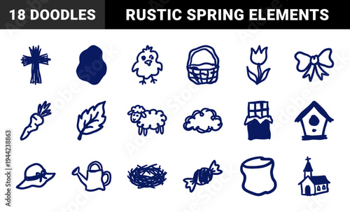 Hand-drawn Easter and spring celebration elements in a naive doodle style. Rustic marker sketch illustrations featuring holiday traditions and nature.