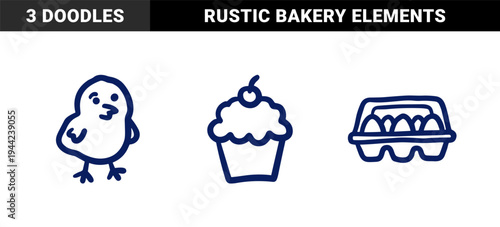 Hand-drawn chicken and baking elements for organic food branding. Naive marker sketch illustrations featuring a chick, cupcake, and egg carton.