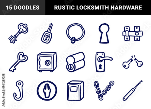 Hand-drawn security and locksmith elements in a rustic marker sketch style. Naive doodle illustrations of keys, locks, and safety hardware.
