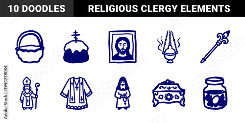 Orthodox Christian religious symbols and liturgical items for spiritual branding. Naive hand-drawn marker sketch illustrations of church tradition.