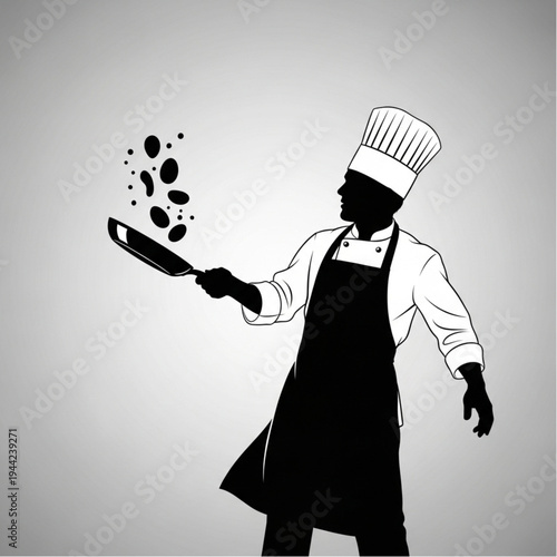 Chef Silhouette Tossing Food with Spatula.