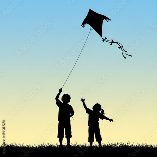 Children Flying Kite Silhouette Against Sky.