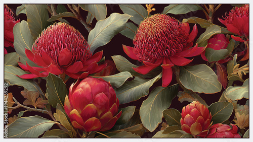 Stylish tropical botanical wallpaper featuring lush leaves and elegant blooming flowers in a modern decorative composition. Ideal for wallpaper design, home interior decoration, digital backgrounds, w