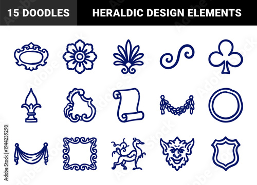 Baroque architectural ornaments and heraldic symbols for classical branding. Hand-drawn blue ink aesthetic featuring scrolls, flourishes, and mythic motifs.