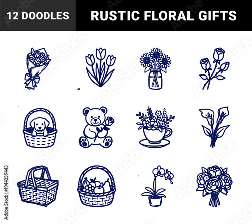 Rustic hand-drawn floral and gift elements for boutique branding. Naive marker sketch illustrations featuring spring flowers, garden baskets, and cozy home decor.