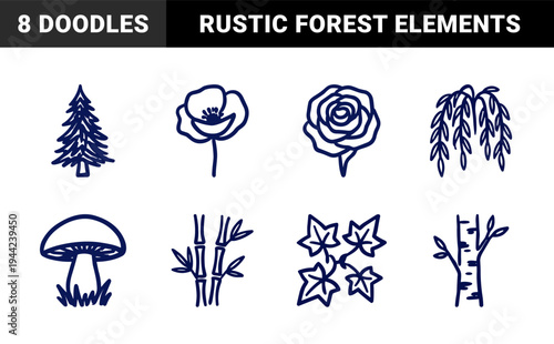 Hand-drawn botanical and forest elements for organic brand identity. Rustic, naive marker sketch illustrations featuring trees, flowers, and foliage.