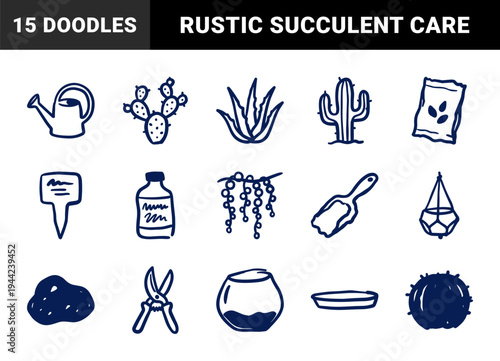 Hand-drawn gardening and succulent care elements for organic brand identity. Rustic, naive marker sketch illustrations of plants and tools.