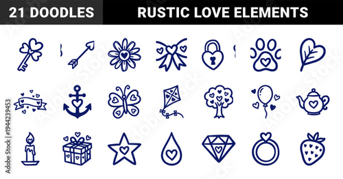 Hand-drawn romantic heart elements for whimsical branding. Naive marker sketch doodles featuring love, wedding, and valentimes day concepts.