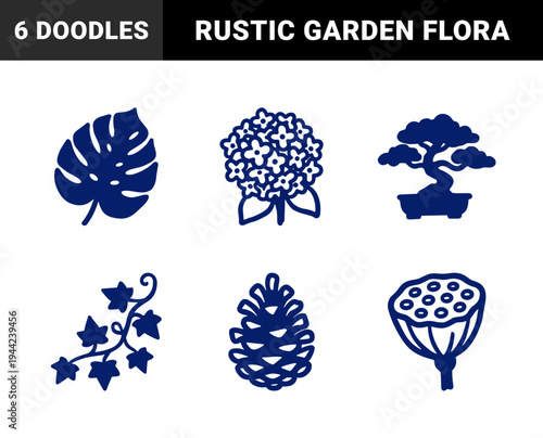 Hand-drawn botanical flora and garden elements for organic branding. Rustic, naive marker sketch illustrations of hydrangea, monstera, and bonsai.
