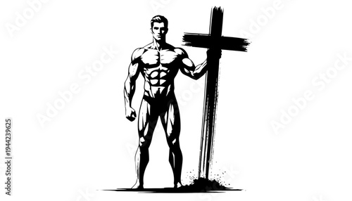 A muscular man silhouette standing next to a large cross