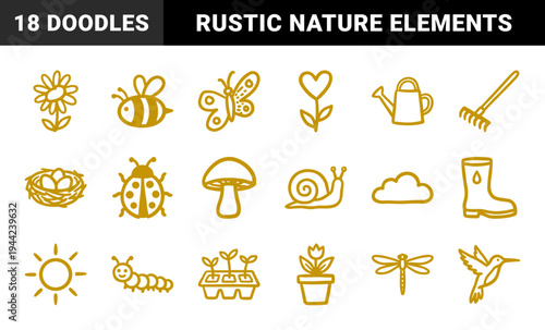 Hand-drawn garden and spring nature elements for organic branding. Rustic, naive marker sketch illustrations featuring backyard botany and growth.