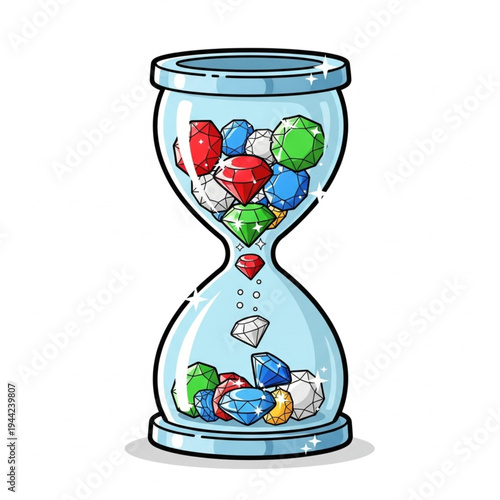 Colorful Gemstones Flowing Through Hourglass.