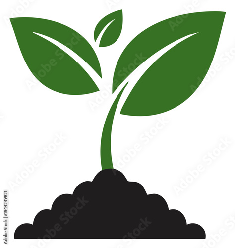 Vector icon of a green seedling with leaves sprouting from a mound of dark soil