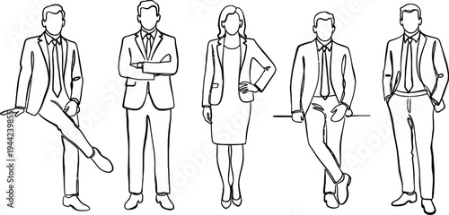 Business people line art illustration, corporate team professionals standing set, office workers outline characters, management teamwork vector design