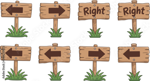 Cartoon illustration of wooden signposts with arrows and text directions, placed in grass, representing navigation, guidance, signage, and educational design concepts for orientation.