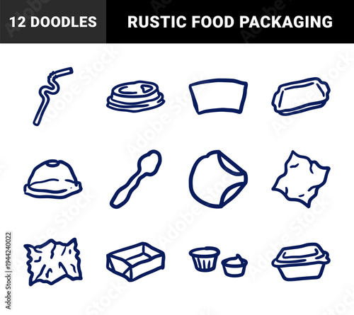 Hand-drawn takeout food packaging and disposable cutlery elements for eco-friendly branding. Rustic naive marker sketch illustrations featuring fast food cafe concepts.