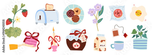 Set of food and floral doodle for mothers day greeting card background, element, template, poster. Creative spring season, happy birthday, party banner. Happy Women's Day illustration colorful style.