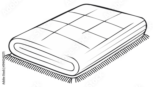 Rolled blanket illustration, black and white artwork, cozy textile, bed cover, comfort.