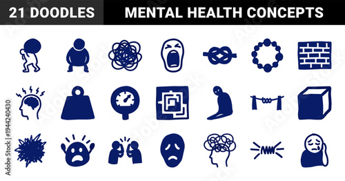Hand-drawn mental health and emotional stress doodles for psychological wellness branding. Crude, naive marker sketch illustrations of anxiety and pressure.