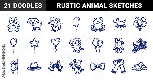 Hand-drawn naive animal and celebration doodles in a crude blue marker sketch style. Rustic childhood play and pet elements for organic brand identity.
