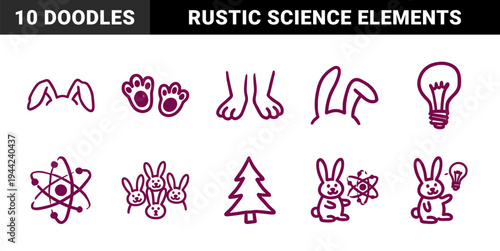 Hand-drawn bunny and science elements in a naive marker sketch style. Rustic rabbit doodles with atom, lightbulb, and tree for organic branding.