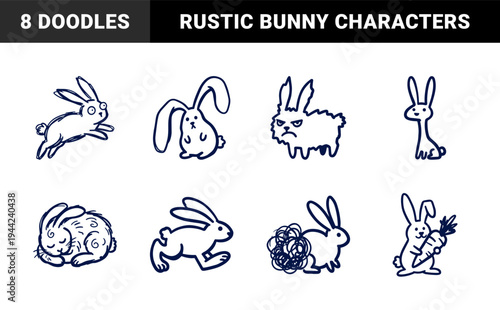 Hand-drawn rabbit character doodles in a naive marker sketch style for organic branding. Rustic whimsical bunny illustrations with various emotive poses.