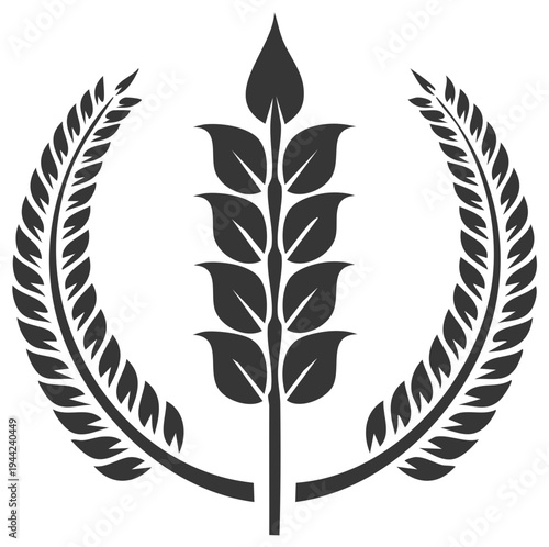 Graphic emblem with wheat stalk and laurel wreath in monochrome vector