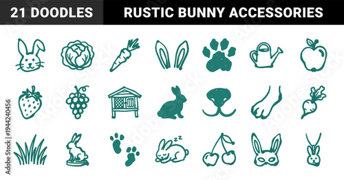 Hand-drawn rabbit care and garden elements for organic branding. Rustic naive marker sketch illustrations featuring bunny pet lifestyle concepts.