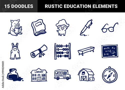 Hand-drawn farm education and school life elements with cute pigs for organic branding. Naive navy marker sketch illustrations of rustic academic and barnyard concepts.