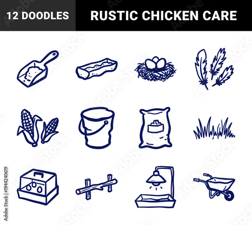 Hand-drawn poultry farming and backyard chicken coop elements in a naive marker sketch style. Rustic blue ink doodle illustrations for organic agriculture branding.