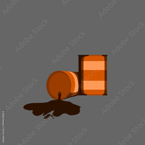 Industrial oil barrels leaking black liquid on floor vector illustration