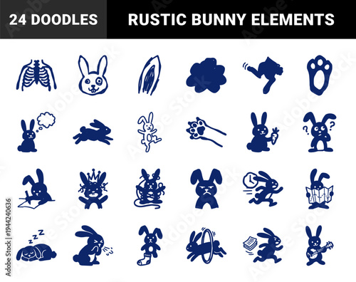 Hand-drawn rabbit character doodles and bunny activity elements for playful branding. Naive navy blue marker sketch illustrations featuring cute animal concepts.