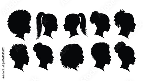 A collection of diverse black silhouettes of women's hairstyles and head profiles in profile view, showcasing various hair textures and styles.
