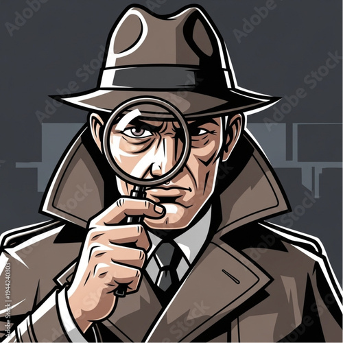 Detective Man Investigating with Magnifying Glass.