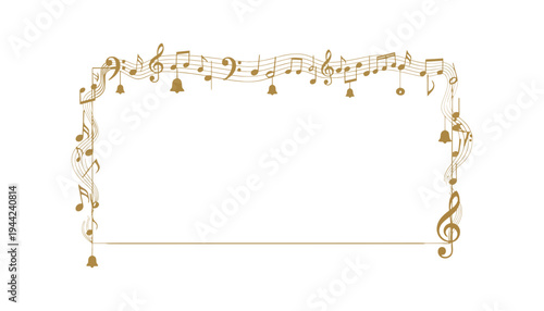 A golden music note border with bells on a white background